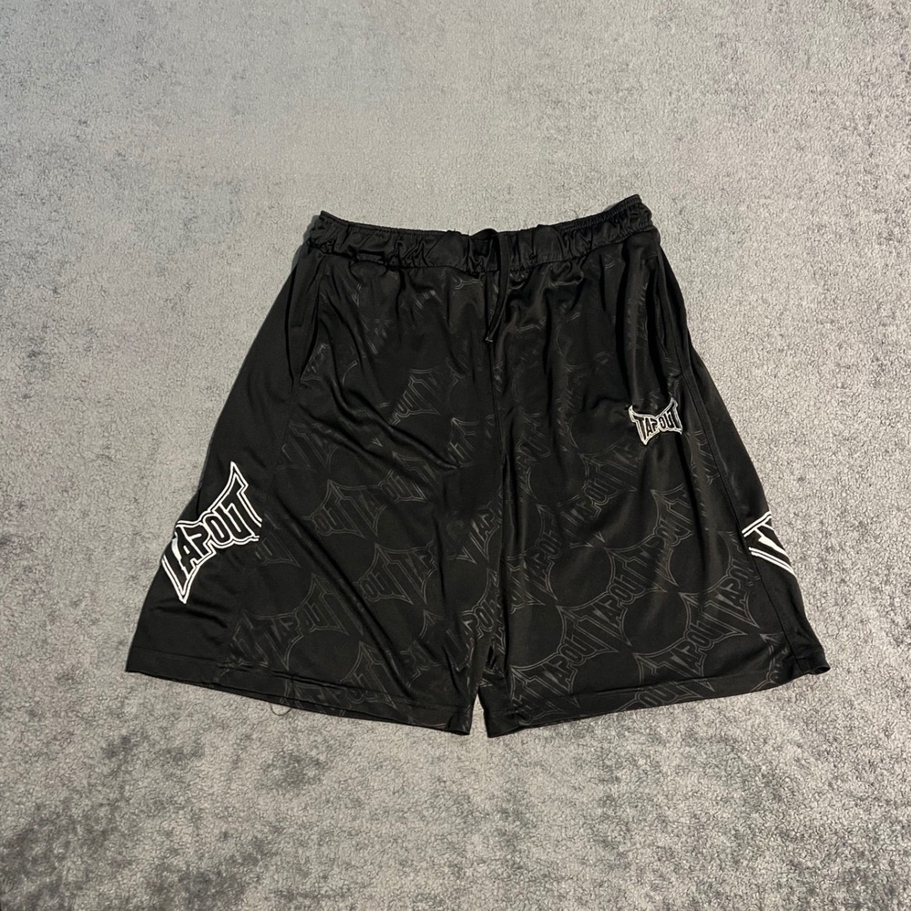 Y2K Tapout Mens XL Black All Over Print MMA Athletic Gym Training Shorts Logo